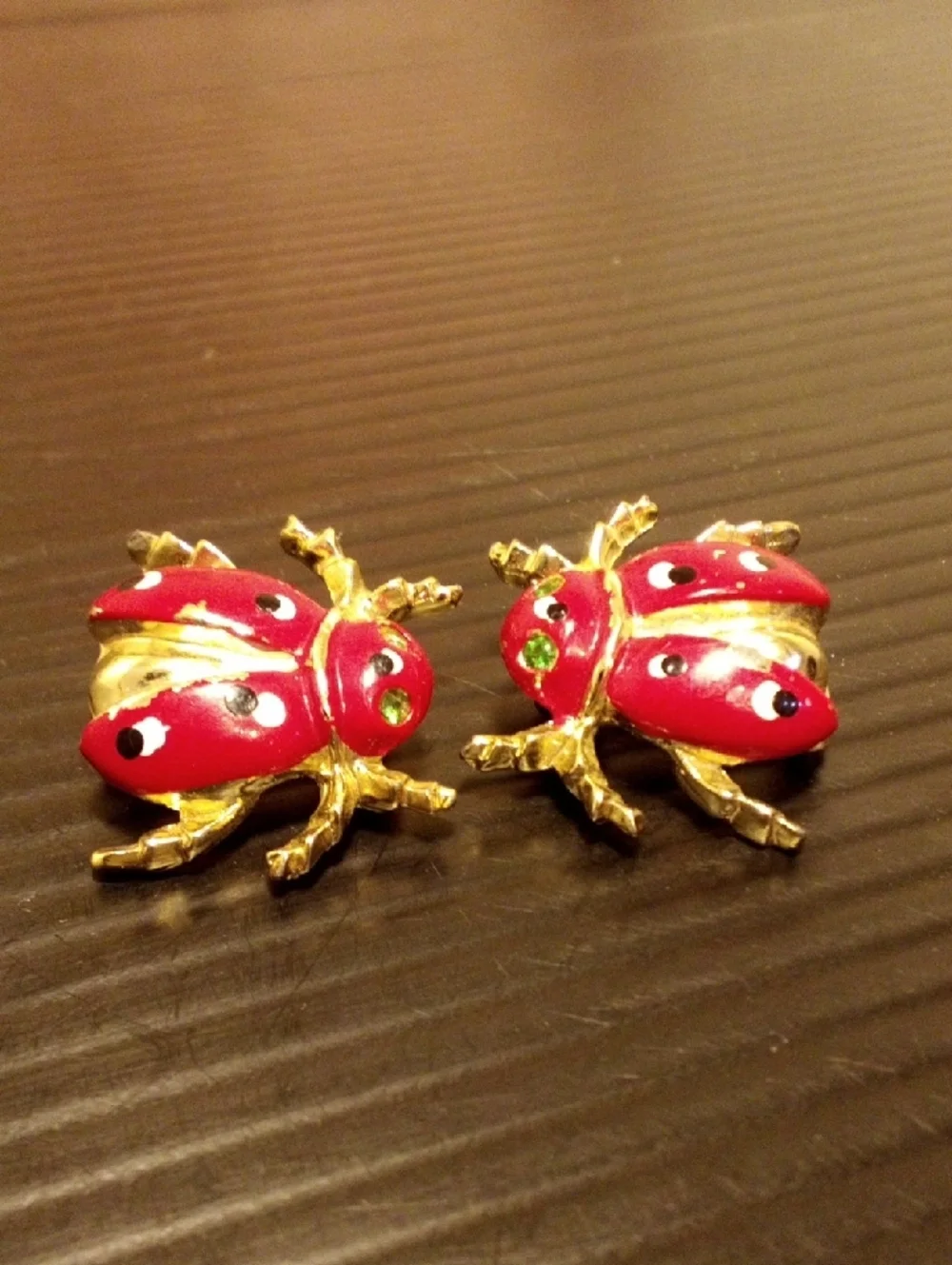 Gold-Tone Red Ladybug Brooches with Green Accents